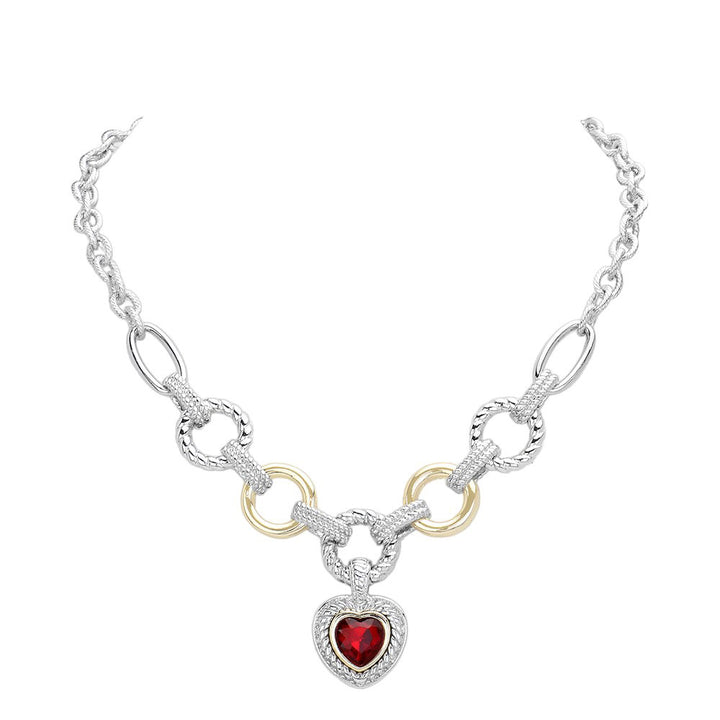 Siam Heart Stone Pointed Charm Two Tone Textured Metal Link Toggle Necklace, This elegant necklace features a unique two tone design and textured metal links. The toggle closure adds a touch of modernity to the classic charm, making it a versatile accessory for any occasion. A perfect jewelry gift accessory for loved one.