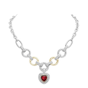 Siam Heart Stone Pointed Charm Two Tone Textured Metal Link Toggle Necklace, This elegant necklace features a unique two tone design and textured metal links. The toggle closure adds a touch of modernity to the classic charm, making it a versatile accessory for any occasion. A perfect jewelry gift accessory for loved one.