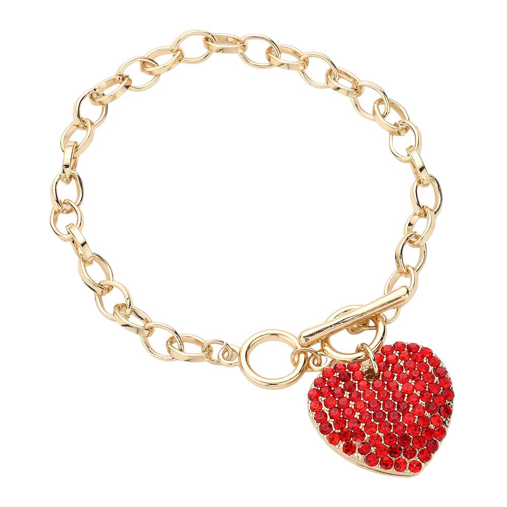 Siam Stone Paved Heart Pendant Metal Toggle Bracelet, is a must-have accessory for any fashion-forward individual. Exquisitely crafted to elevate any outfit, this bracelet is a unique addition to your jewelry collection. Its toggle closure ensures a secure fit and its elegant style will make you stand out from the crowd.