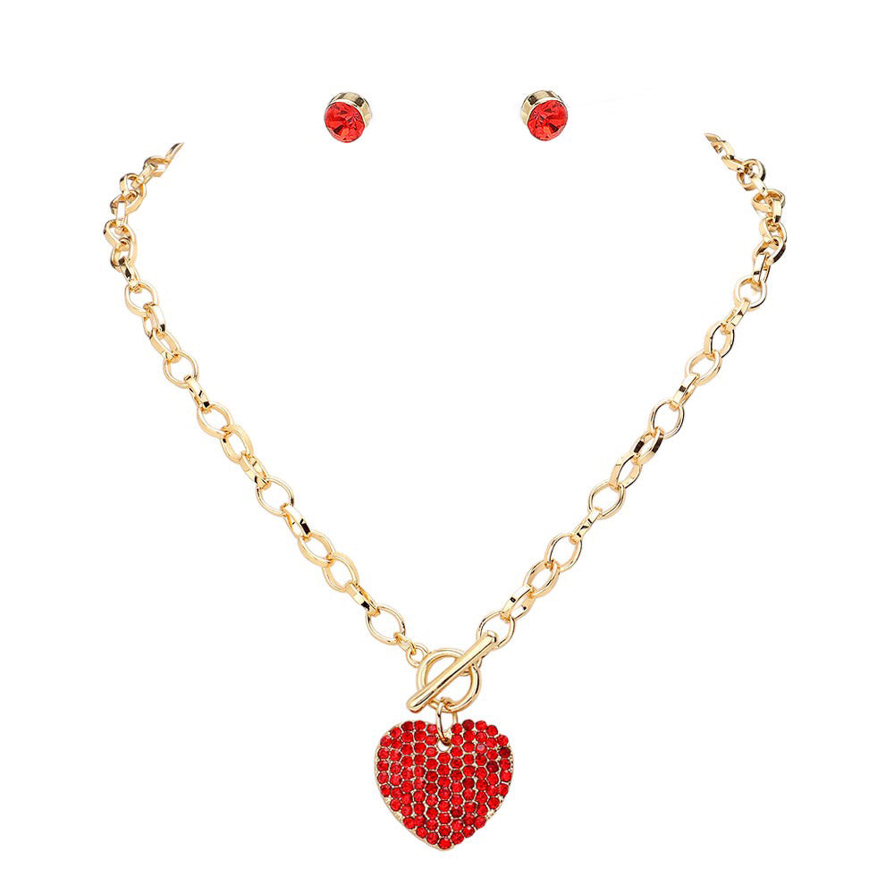 Siam Stone Paved Heart Pendant Metal Toggle Jewelry Set, is a timeless and elegant addition to any jewelry collection. Made with high-quality materials, this set features a stunning stone paved heart pendant and a metal toggle closure for easy and secure wear. Elevate any outfit with this versatile and classic set.