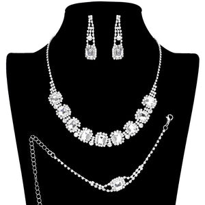 Silver 3PCS Emerald Cut Stone Accented Necklace Jewelry Set, perfect for making a statement. Featuring a classic emerald cut in a shimmering, rhinestone finish. The perfect combination of timeless style and sophistication. Add a touch of glamour and sophistication to any outfit. Perfect for any special occasion and others.