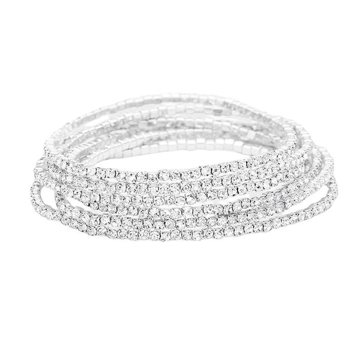 Silver 6PCS - Rhinestone Multi Layered Stretch Evening Bracelets, Perfect for a formal event or adding some glam to your everyday look. The sparkling rhinestones will catch the light and make you shine! Get ready to turn heads and feel confident with each wear. The ideal choice for making a lovely gift to your loved ones.