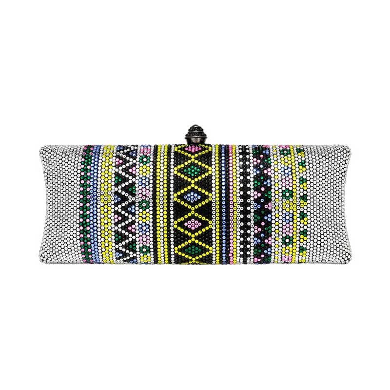 Silver Bling Aztec Print Evening Clutch Bag. Crafted from high-quality material, this sleek bag features an eye-catching Aztec print with a hint of sparkle. Perfect for adding a touch of sophistication to any special occasion. A great occasional gift idea for fashion-loving friends and family members.