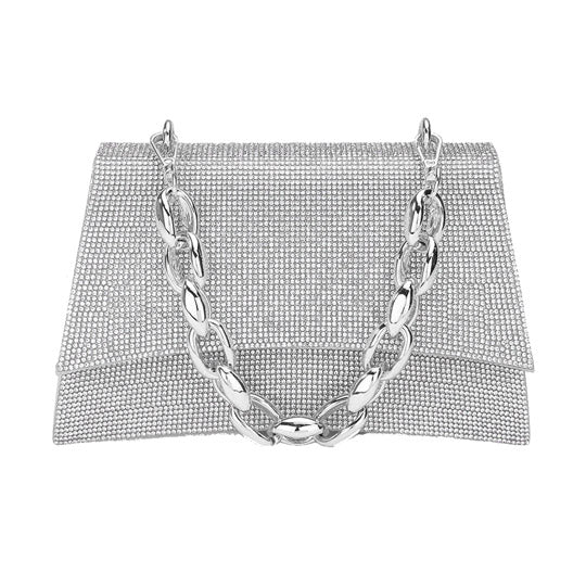 Silver Bling Evening Tote Crossbody Bag Chain Handle, this luxurious Shimmery Evening Clutch Crossbody Bag is the perfect companion. Boasting a shimmery exterior, this clutch oozes sophistication and exclusivity, it makes a statement! Perfect Gift Birthday, Christmas, Anniversary, Wedding, Cumpleanos, Anniversario, Prom, etc