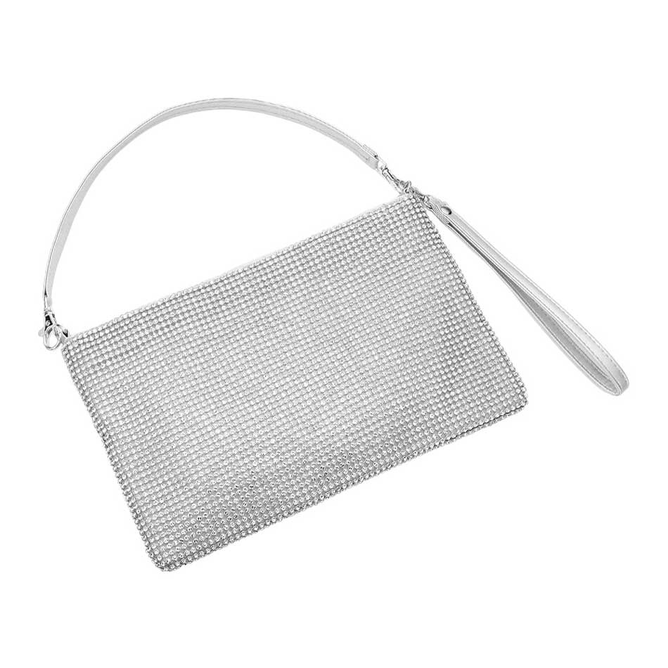 Silver Bling Flat Clutch Crossbody Bag, is perfect for the fashionista on the go. Crafted from high-quality materials, the bag features a chic bling design with a flat clutch and adjustable crossbody strap for hands-free ease. Perfect for special occasions, get ready to sparkle and shine!