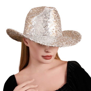 Silver Bling Sequin Cowboy Western Hat. Elevate your style with our luxurious premium hat that is adorned with dazzling sequins, making it a statement piece for any outfit. Perfect for adding a touch of glamour to your Western look. Embrace your inner cowgirl and shine bright with this exquisite accessory.