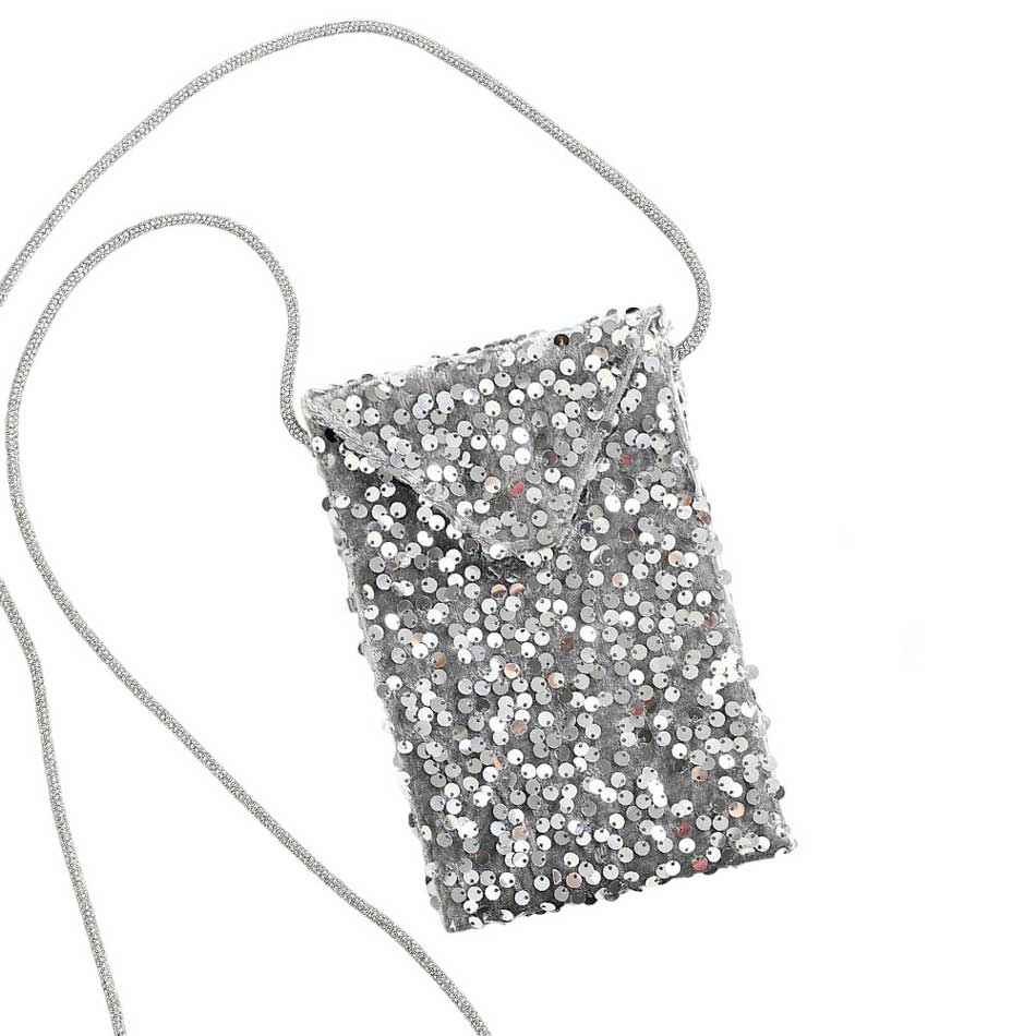 Silver Bling Sequin Crossbody Cellphone Bag, be the ultimate fashionista while carrying this crossbody cellphone bag! It has enough capacity put for cell phones. This pretty cellphone bag will surely bring a smile to one's face as a gift. This is the perfect gift for your friends, family, and the people you love.