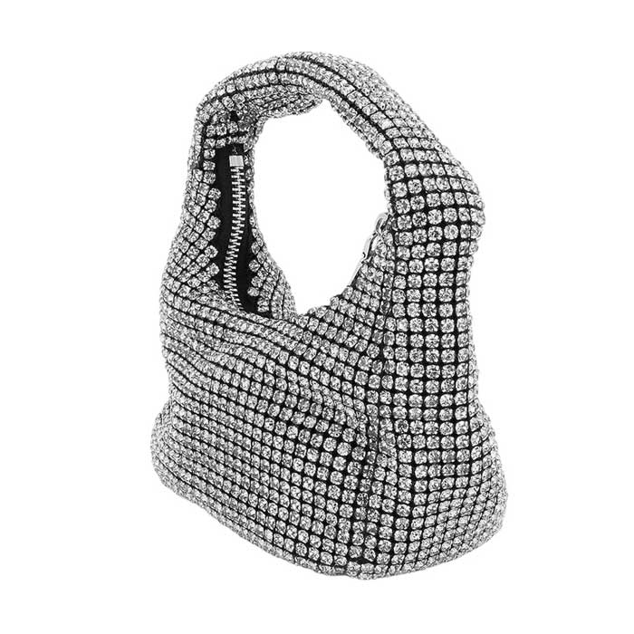 Silver Bling Studded Micro Mini Top Handle Bag, elevate any outfit with its sophisticated and exclusive design, perfect for any fashion-forward individual. The bling studded details add a touch of glamour, while the compact size allows for convenience without sacrificing style. Carry your essentials in style with this bag.