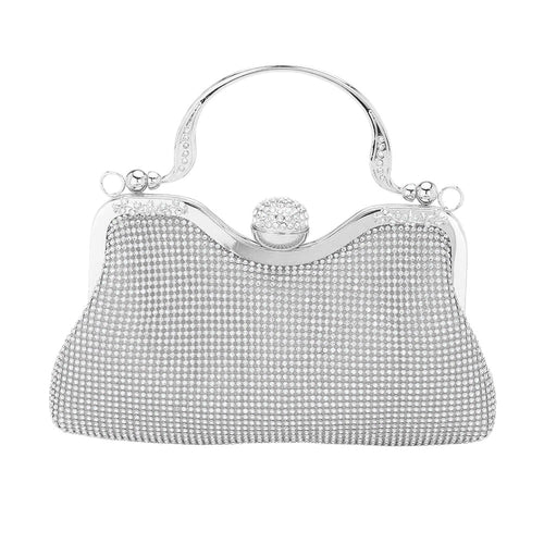Bling Rhinestone Mesh Top Handle Evening Bag Crossbody Bag - Silver