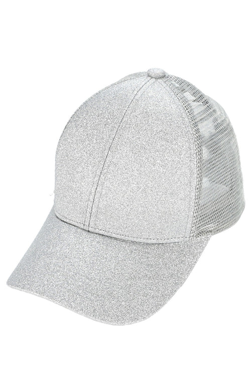 C.C Women's Glitter Mesh Back Criss-Cross Ponytail Cap - Silver
