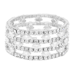 Silver CZ Marquise Stone Accented Stretch Evening Bracelet, features dazzling marquise-shaped Cubic Zirconia accents and a classic stretch design. Crafted from high-quality materials, this bracelet is sure to add a stylish and sophisticated touch to any look making it prefect for any special occasion or as an exquisite gift.