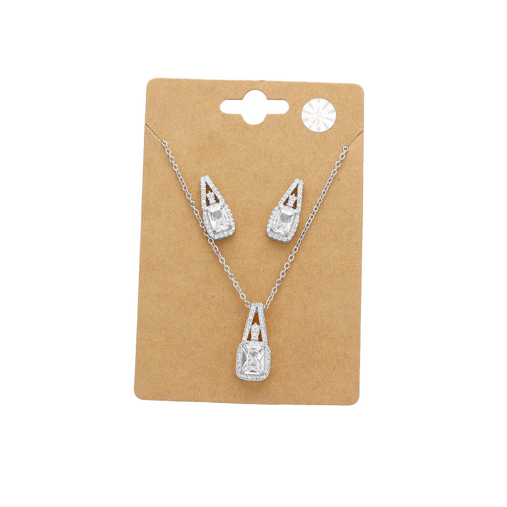 Silver CZ Rectangle Stone Jewelry Set, add a touch of sophistication to any outfit with this beautiful set. Perfect for enhancing any occasion, this jewelry set will add classic charm and elegance to your look. Gift for birthdays, anniversaries, Mother's Day, Thank you, or any other meaningful occasion.