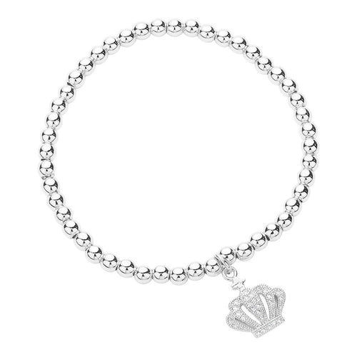 CZ Stone Paved Crown Charm Stainless Steel Ball Beaded Stretch Bracelet - Silver