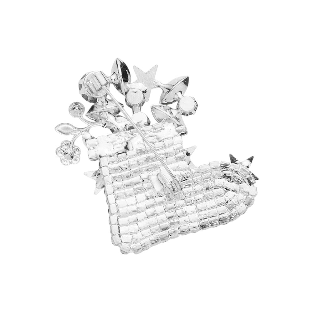 Silver-Crystal Christmas Sock Pin Brooch adds a touch of festive sparkle to any holiday outfit. Made with high-quality crystals, it features a unique design that showcases your love for Christmas and makes a great addition to your accessories collection. Perfect for any holiday party or as a thoughtful gift for a loved one.