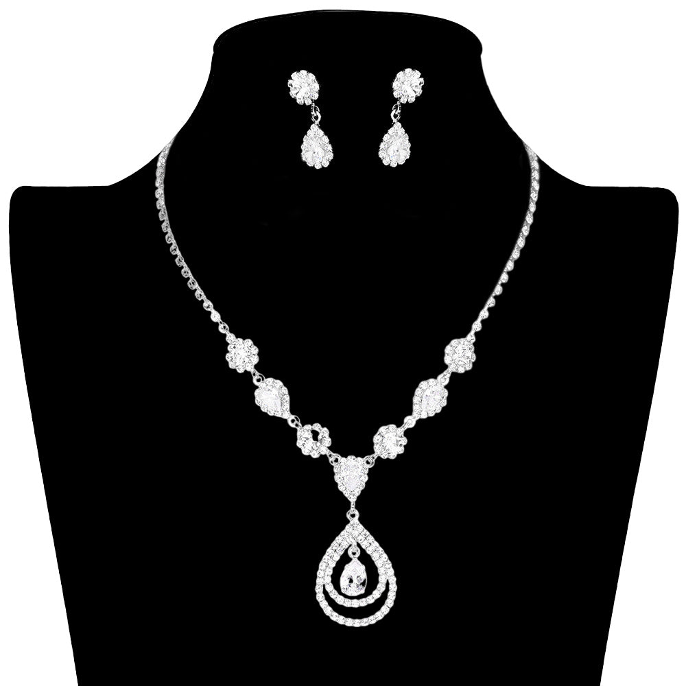 Silver Cubic Zirconia Pave Teardrop Detail Bib Jewelry Set, Featuring teardrop-shaped details with pave cubic zirconia accents, this exquisite jewelry set will make a lasting impression. Perfect for special occasions or everyday wear. Excellent Birthday Gift, Anniversary Gift, Mother's Day Gift, Graduation Gift.