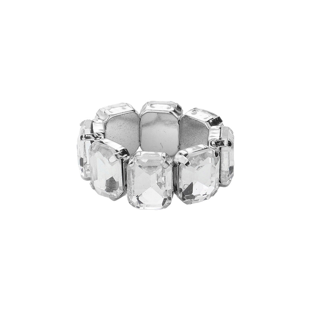 Silver Emerald Cut Stone Cluster Stretch Ring, is a unique statement piece. Featuring a cluster of emerald-cut stones set in a stretch band, it stands out from the crowd. Crafted with high-quality materials, this ring is sure to last for years. Perfect for any special occasion, this ring makes a perfect gift.