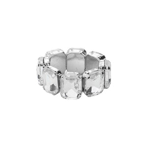 Silver Emerald Cut Stone Cluster Stretch Ring, is a unique statement piece. Featuring a cluster of emerald-cut stones set in a stretch band, it stands out from the crowd. Crafted with high-quality materials, this ring is sure to last for years. Perfect for any special occasion, this ring makes a perfect gift.