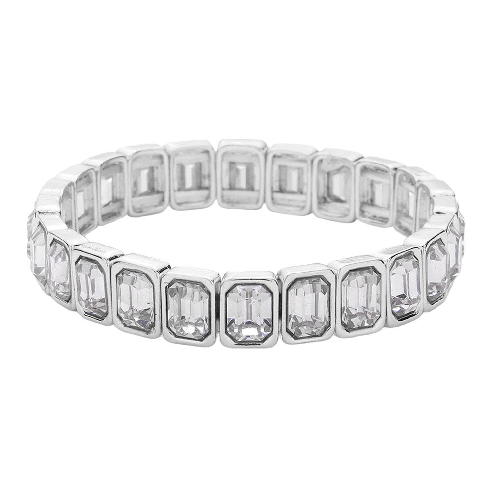 Silver Emerald Cut Stone Stretch Evening Bracelet, will bring elegance to any evening look. Crafted with shimmering emerald cut stones, this bracelet is a timeless piece that is sure to make you stand out. Stretchable and easy to wear, this bracelet offers a sophisticated style for any special occasion. Nice gift idea.