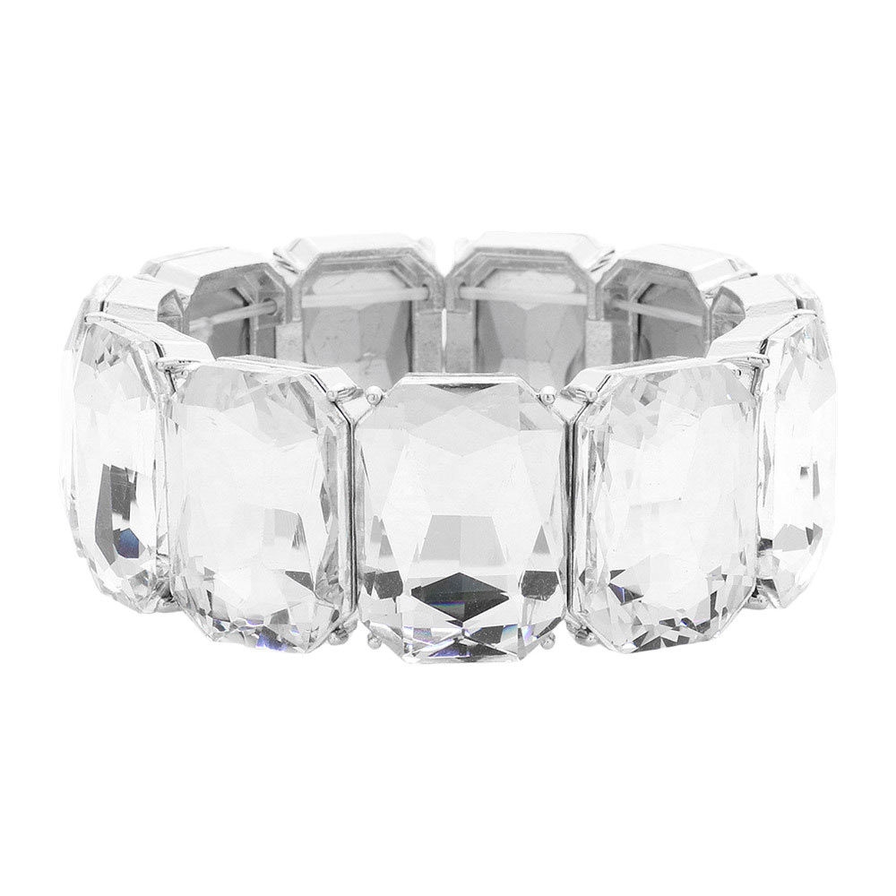Silver Emerald Cut Stone Stretch Evening Bracelet, features an emerald cut stone that will shimmer in any light. It's an easy-to-wear bracelet that's perfect for any party or any occasion. Perfect gift for birthdays, anniversaries, Mother's Day, Graduation, Prom Jewelry, Just Because, Thank you, etc. Stay elegant.
