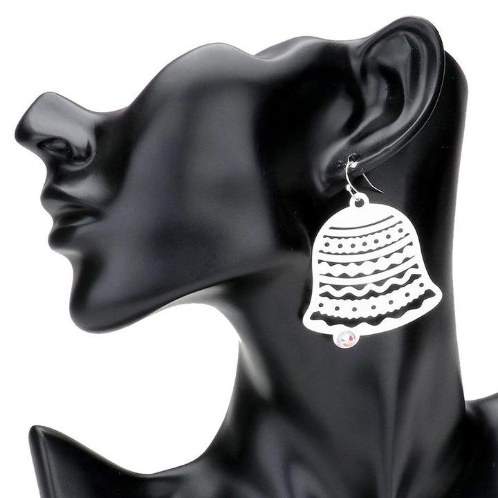 Silver--Stone Embellished Brass Metal Jingle Bell Dangle Earrings. Perfect addition to any outfit. Made from high-quality materials, these earrings are both stylish and durable. The stone embellishments add a touch of sophistication, while the jingle bells add a fun and festive element. Perfect for any occasion.