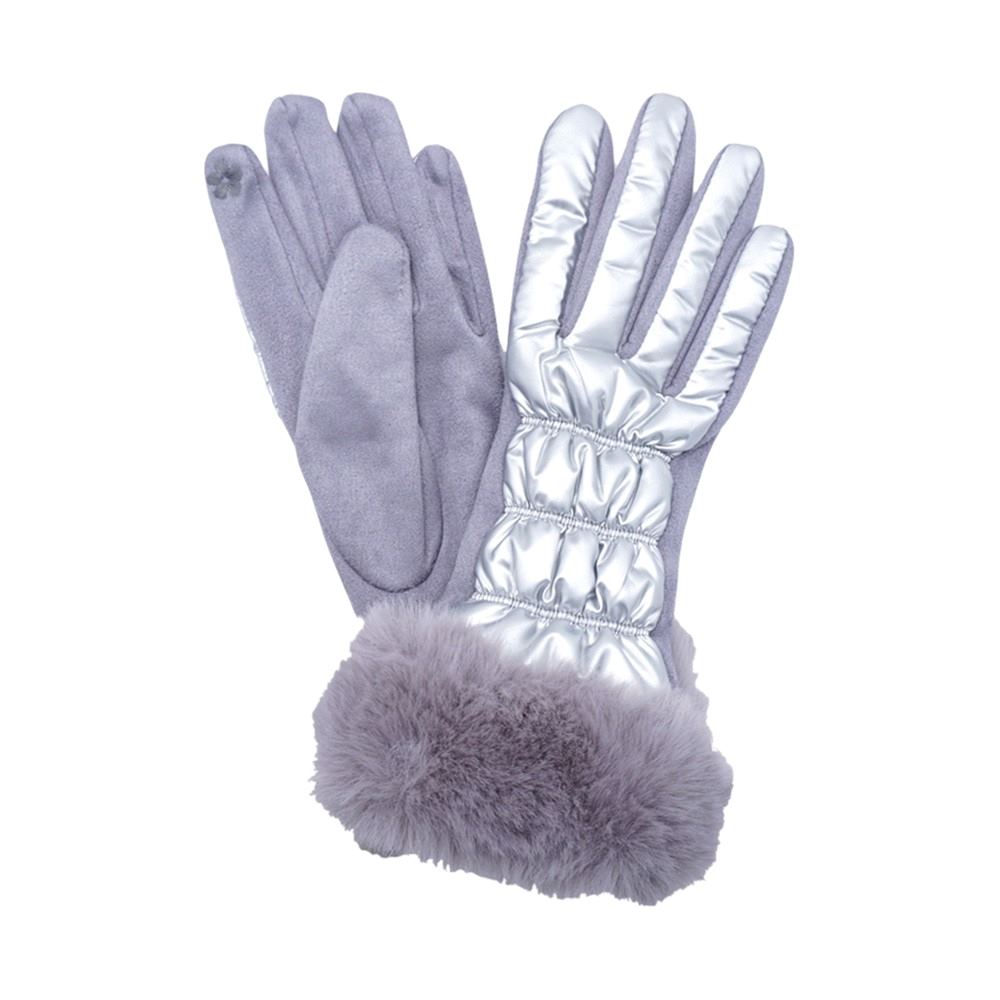 Silver Faux Fur Cuff Puffer Smart Touch Gloves, Experience warmth and functionality with our stylish smart touch gloves. The soft faux fur cuffs add a touch of luxury, while the puffer padding keeps your hands toasty. Stay stylish and connected this winter. Wrap your loved ones in warmth this winter with these stylish gloves.