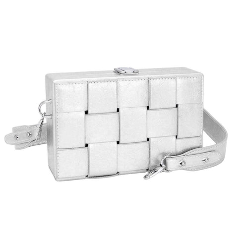 Faux Leather Woven Square Box Crossbody Bag - Silver
