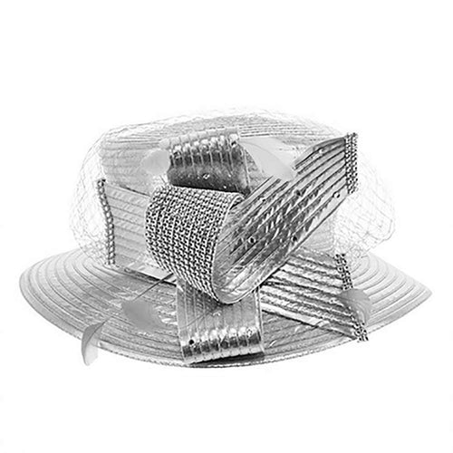 Feather Crystal Detail Metallic Satin Hat - Silver