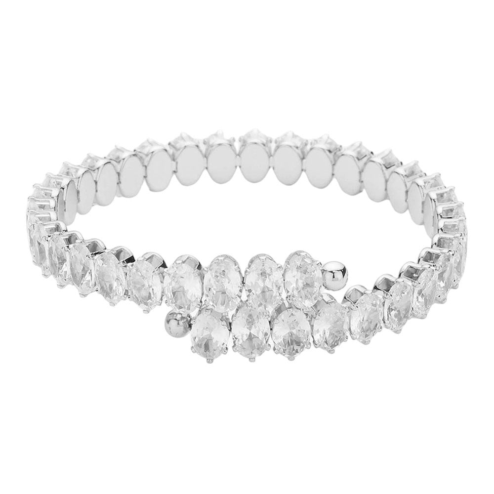 Silver Heart CZ Stone Cluster Adjustable Evening Bracelet. Indulge in luxury with the intricate design features shimmering CZ stones arranged in a romantic heart shape, all on an adjustable band for the perfect fit. This bracelet is perfect for any kind of special occasion, prom night, etc. Elevate any evening look with this.