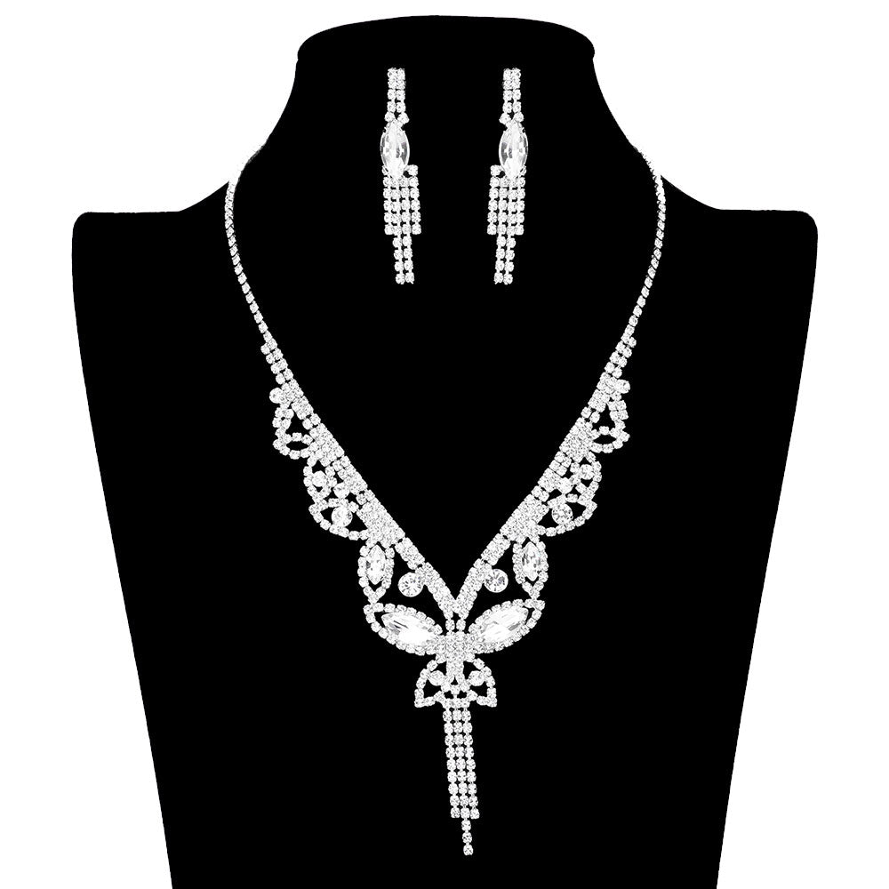 SIlver Marquise Round Stone Butterfly Rhinestone Jewelry Set, is crafted using marquise stones and delicate rhinestones, perfect for adding some sparkle to your look. The set includes an adjustable necklace, earrings, and bracelet, making it a perfect accessory for any special occasion outfit. Perfect gift idea.