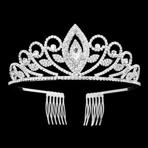 Silver Marquise Stone Accented Princess Tiara, is a beautiful statement piece designed to crown events and occasions of royalty. Its marquise stones add a touch of elegance and grace to any hairstyle, making it the perfect accessory for any special occasion. Excellent gift choice for your loved ones on any kind of occasion.