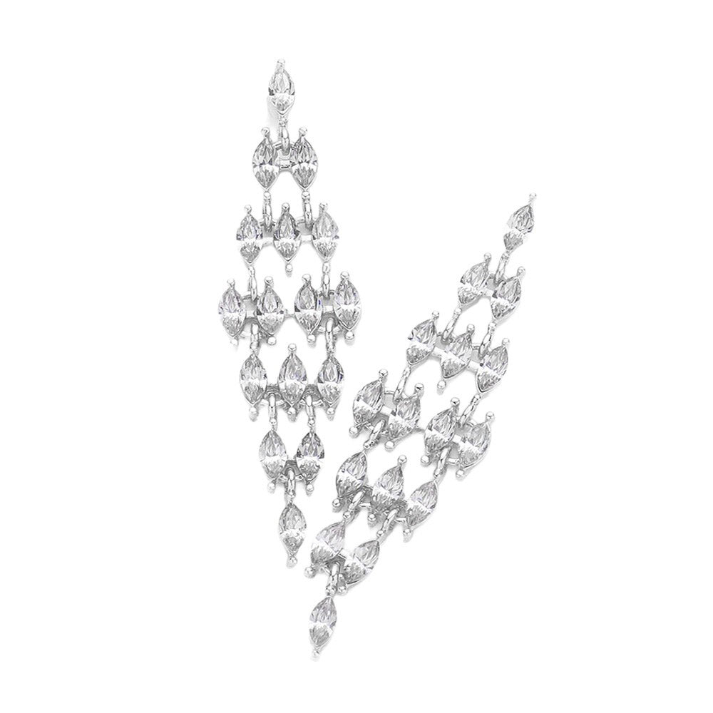 Silver Marquise Stone Cluster Chandelier Evening Earrings. Embrace the grandeur of these intricate clusters of marquise stones, these earrings add a touch of elegance and sophistication to any evening ensemble. Be the center of attention and dazzle in luxury with these exclusive earrings.