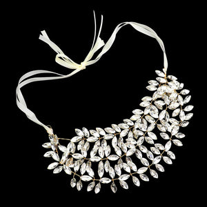 Silver Marquise Stone Cluster Vine Bun Wrap Headpiece Necklace, is a beautiful statement piece crafted from a combination of marquise-shaped stones and clusters set in a vine-inspired bun wrap design. This eye-catching necklace is perfect for any special event. Perfect gift choice for your loved ones on any occasion.