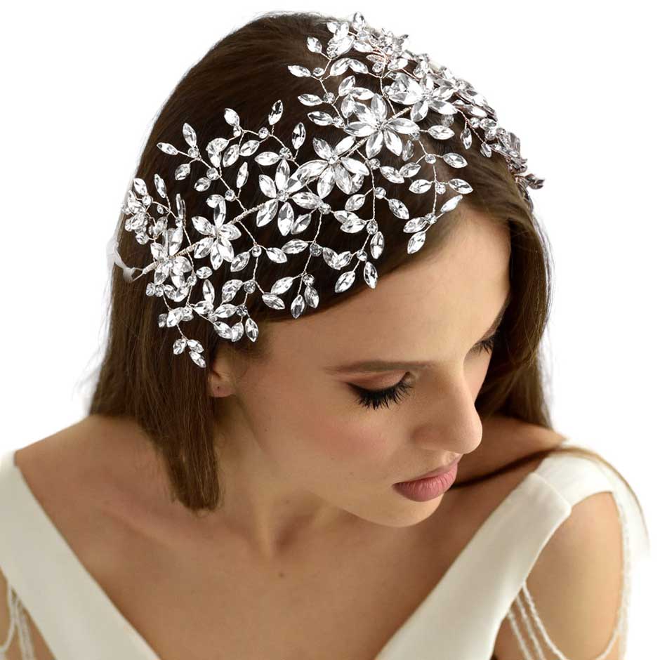 Silver Marquise Stone Cluster Vine Bun Wrap Headpiece Necklace, Transforms effortlessly from headpiece to necklace, showcasing a delicate vine design and dazzling marquise-cut stones. Dressing for a special occasion or adding glamour to any outfit, this is a versatile accessory for timeless elegance. A perfect gift choice.