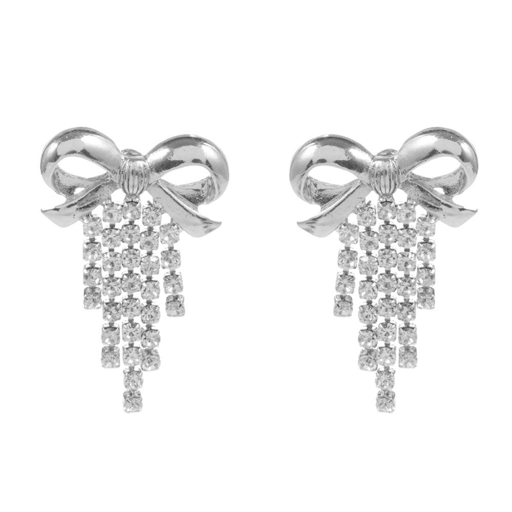 Silver Metal Bow Rhinestone Fringe Earrings, Enhance your outfit with our elegant earrings. Crafted with sparkling rhinestones and a delicate metal bow, these earrings are the perfect accessory to add a touch of elegance to your style. The fringe design adds movement and dimension, these are a must-have for any occasion.