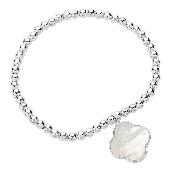 Silver Mother of Pearl Quatrefoil Charm Stainless Steel Ball beaded Stretch Bracelet is expertly crafted for a timeless look. The luxurious mother-of-pearl charm and stainless steel ball beads add elegance and durability, while the stretch design ensures a comfortable fit. Elevate any outfit with this chic and versatile bracelet.