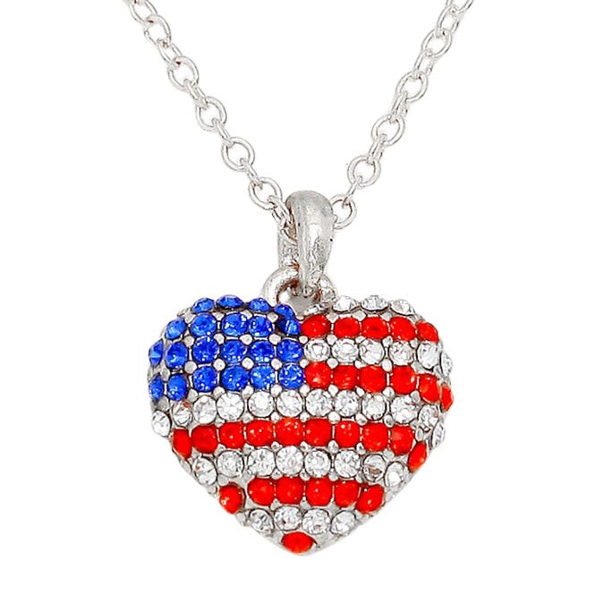 Silver Multi Crystal Pave American Flag Heart Pendant Necklace, enhance your attire with these vibrant artisanal earrings to show off your fun trendsetting style. Show your love for your country with these sweet American Flag heart necklaces.