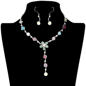 Silver Multi Enamel Flower Stone Embellished Y Choker Jewelry Set, This beautiful set offers a unique eye-catching piece crafted with quality materials for a striking addition to any look. The set is adorned with bright enamel flowers and glimmering stones for a chic and elegant look. Wear it and dazzle on any special occasion.