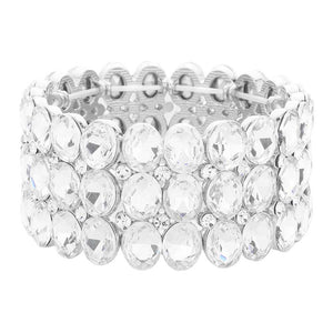 Silver Oval Stone Cluster Stretch Evening Bracelet, This beautiful bracelet features an elegant design with 14K rose gold plated accents and center stones for a stunning, eye-catching look. Enjoy the comfort of the elasticized fit and the glamour of special occasions. Perfect for your next formal event or evening out.