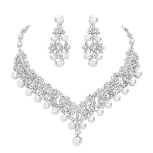Silver Pearl Accented Evening Jewelry Set, get ready with this pearl set and put on a pop of shine to complete your ensemble. The elegance of this pearl-accented necklace earring set goes unmatched, great for wearing at a party! Perfect Birthday Gift, Mother's Day Gift, Anniversary Gift, Valentine's Day Gift, Wedding Party.