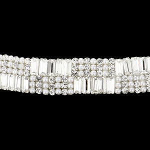 Silver Pearl Round Baguette Stone Sash Ribbon Bridal Wedding Belt Headband, adds a luxurious touch to your wedding day with this timeless pearl round-baguette bridal wedding belt headband. It's perfect for a classic or modern wedding, adding a timeless touch to your bridal outfit. Perfect for brides, and bridal parties.