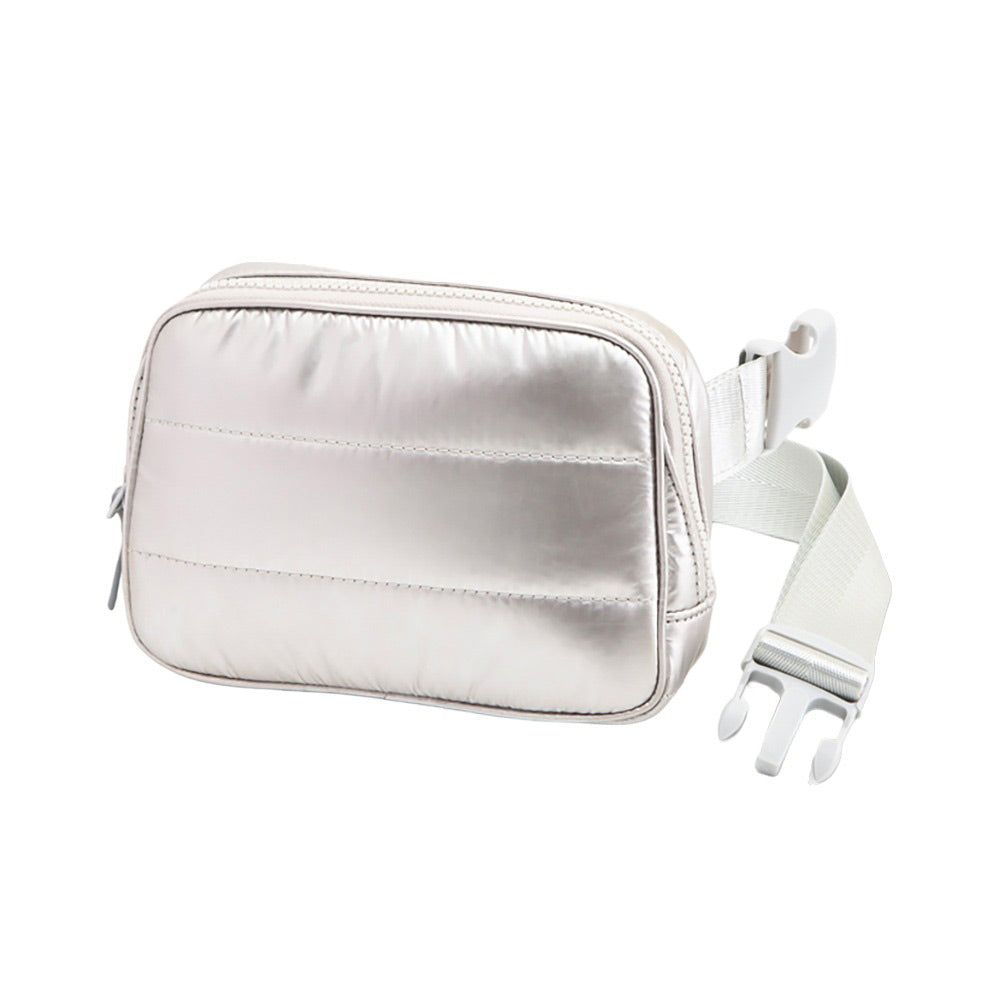 Silver Puffer Rectangle Sling Bag Fanny Bag Belt Bag, this stylish is bag made from durable material to ensure maximum protection and comfort. It features a fashionable design with adjustable straps, and secure buckle closure ensuring your valuables are safe and secure. The perfect accessory for any occasion, shopping, etc.