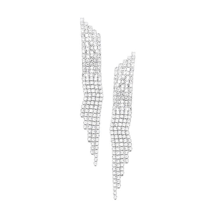 Silver Rhinestone Fringe Dangle Evening Earrings, Crafted with exceptional attention to detail, these earrings are perfect for any special occasion as like- wedding, birthday, anniversary, prom night, party, or to give as a gift. Featuring a luxurious rhinestone fringe, these earrings will take your look to the next level.