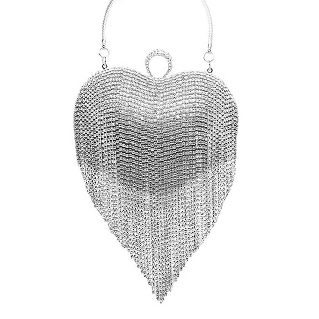 Silver Rhinestone Fringe Heart Evening Tote Clutch Crossbody Bag, This high quality Clutch Bag is both unique and stylish. perfect for money, credit cards, keys or coins, comes with a wristlet for easy carrying, light and simple. Look like the ultimate fashionista carrying this trendy Rhinestone Fringe Heart Clutch Bag!