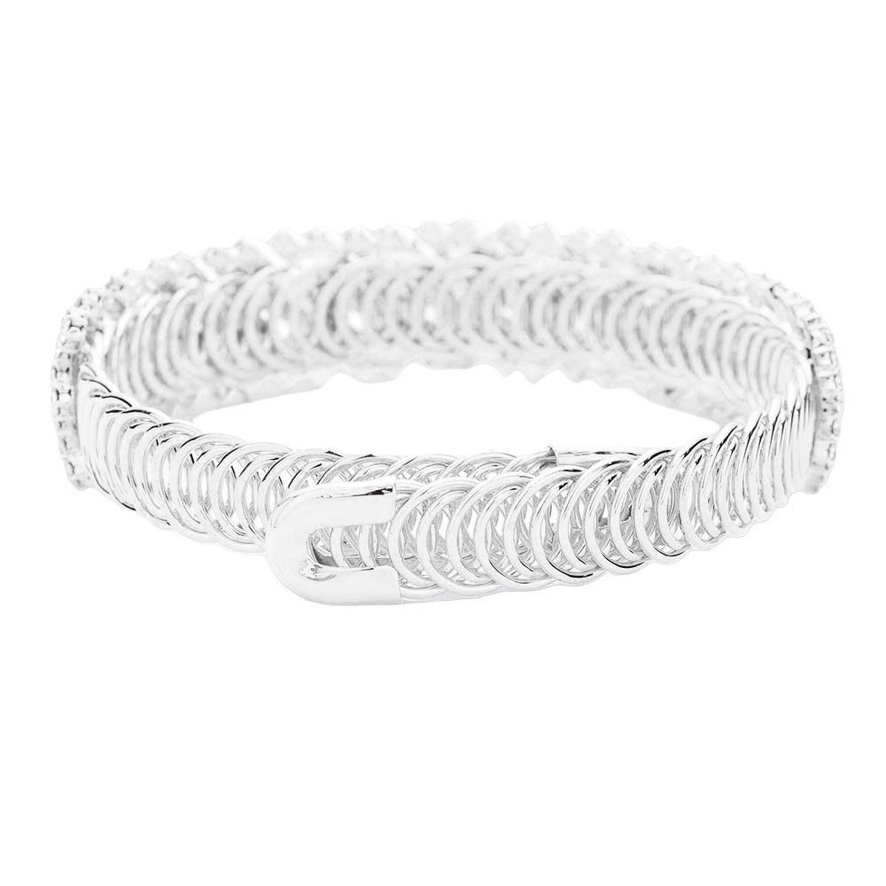 Silver Rhinestone Pave Adjustable Evening Bracelet, this chick bracelet features a classic design with sparkling rhinestone pave, perfect for formal occasions. The adjustable band allows for the perfect fit and can be easily adjusted for a comfortable wear. An elegant addition to any formal wardrobe.
