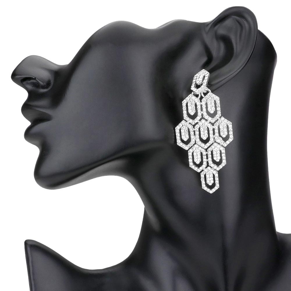 Silver Rhinestone Pave Hexagon Link Statement Evening Earrings, get ready with these rhinestone earrings to receive the best compliments on any special occasion. These classy evening earrings are perfect for parties, Weddings, and Evenings. Awesome gift for birthdays, anniversaries, Valentine’s Day, or any special occasion.