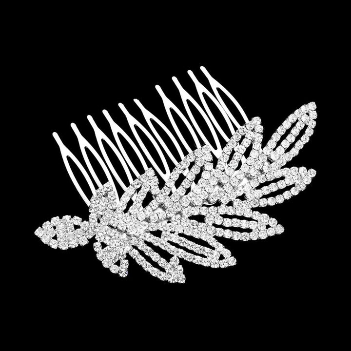 Silver Rhinestone Pave Leaf Hair Comb, this elegant rhinestone hair comb will add an eye-catching sparkle to any look. The beautifully crafted design hair comb adds a gorgeous glow to any special outfit. These are perfect gifts for birthdays, anniversaries, and Prom Jewelry, and also ideal for any special occasion.