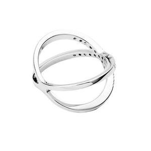 Silver Rhodium Plated Cubic Zirconia Metal Crisscross Ring, shines with its luxurious rhodium plating and sparkling cubic zirconia crystals. The unique crisscross design makes this an eye-catching, elegant accessory suitable for any special occasion. Perfect as a Birthday Gift, Anniversary Gift, Prom Jewelry or to gift yourself.