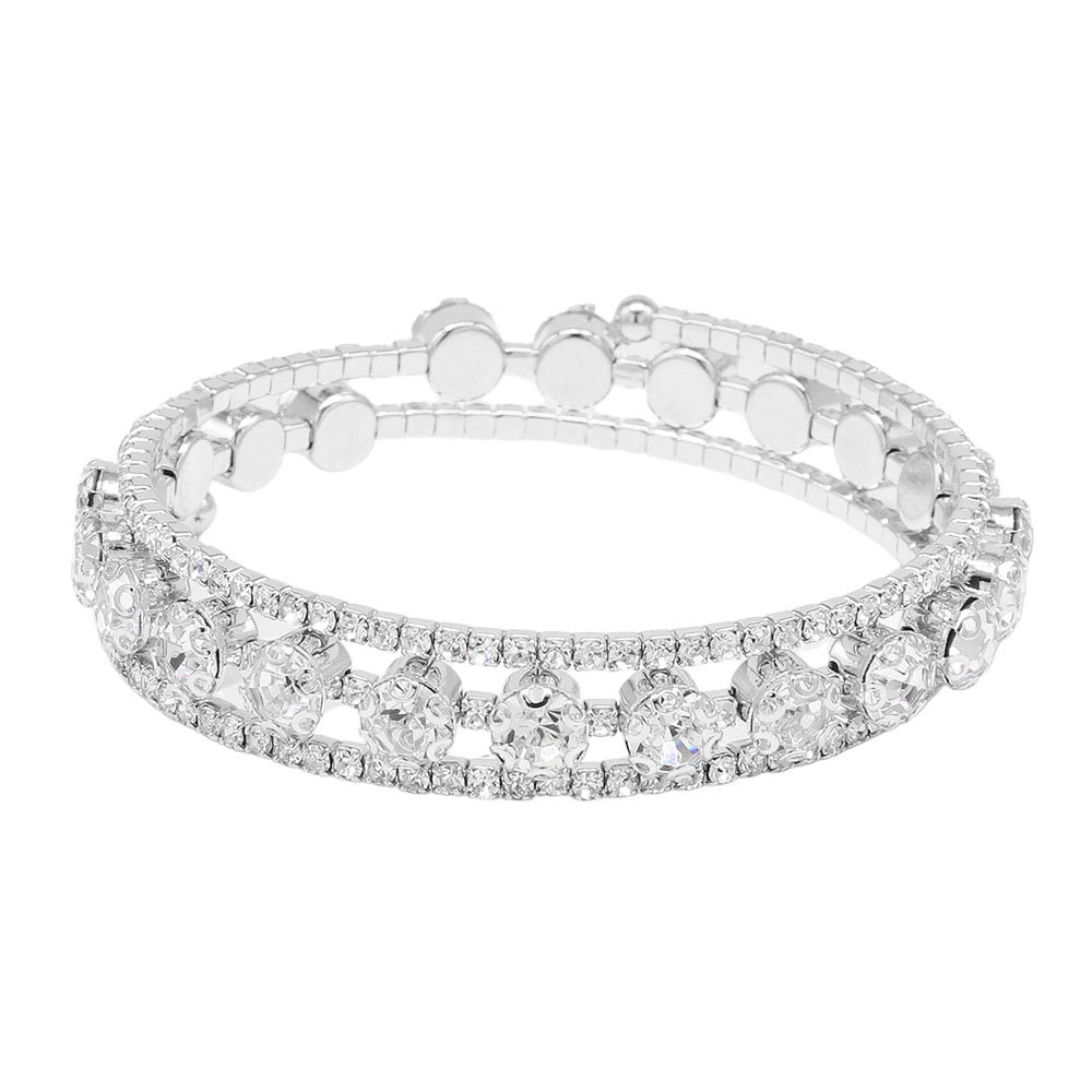 Silver Round Stone Pointed Coil Evening Bracelet, is crafted with sophistication. It features a stunning pointed stone with a polished metal finish, making it a unique addition to any collection. Its lightweight design is perfect for any special occasion. An ideal gift for favorite ones on special days or any other day.