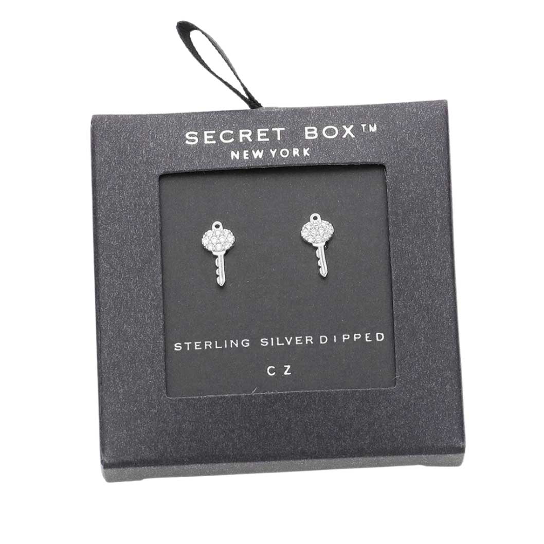 Silver Secret Box Sterling Silver Dipped CZ Key Stud Earrings, show your perfect class anywhere. The beautifully crafted design adds a gorgeous glow to any outfit. Jewelry that fits your lifestyle adding extra luxe! Perfect gift for Birthday, Anniversary, Mother's Day, Anniversary, Graduation, Prom Jewelry, Just Because. 