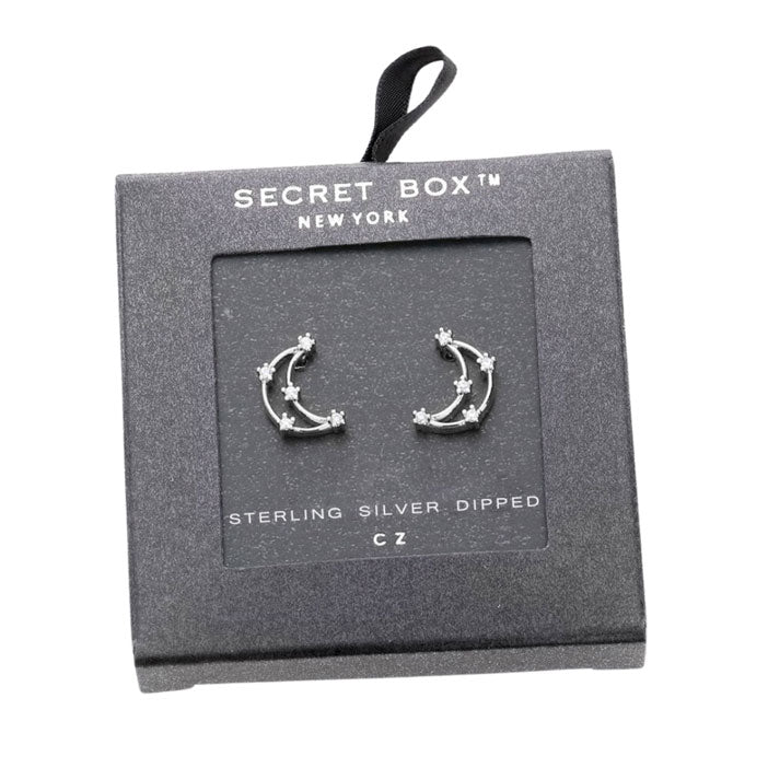 Silver Secret Box Sterling Silver CZ Crescent Moon Stud Earrings, is beautifully designed with a Moon theme that will make a glowing touch on everyone. The beautifully crafted design adds a gorgeous glow to any outfit. Great gift idea for your Wife, Mom, your Loving one, or any family member.
